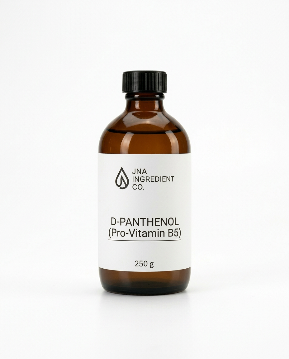 An amber glass bottle with a black cap and a white label reading 'JNA INGREDIENT CO.' and 'D-PANTHENOL (Pro-Vitamin B5)' used for soothing, moisturising, and strengthening sensitive‑skin formulations
