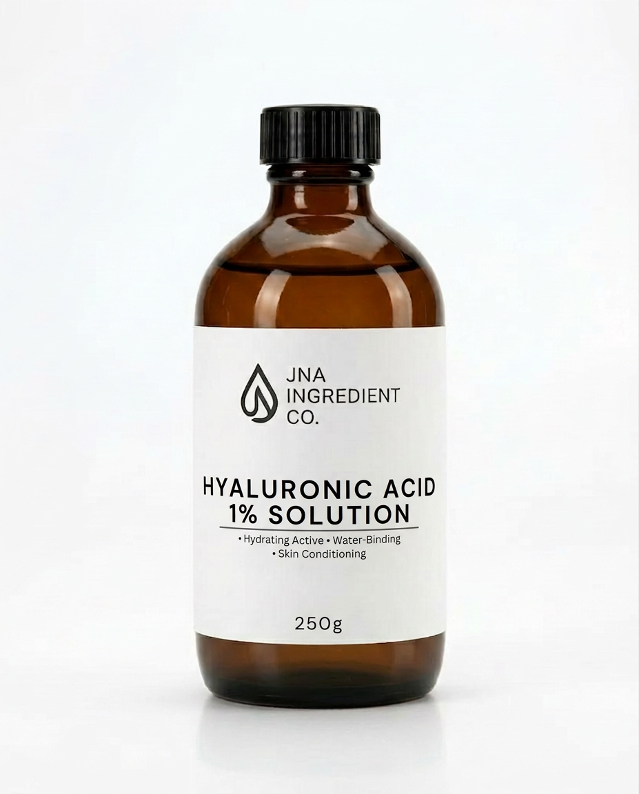JNA Ingredient Co. Hyaluronic Acid 1% Solution in amber bottle, a cosmetic‑grade humectant used for deep hydration and moisture retention in skincare formulations