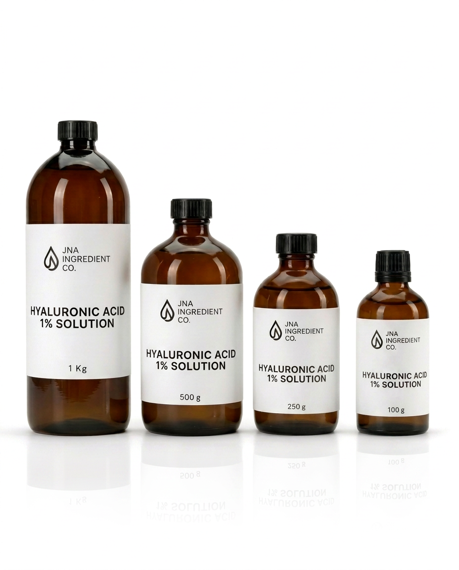High‑purity Hyaluronic Acid 1% Solution photographed in clean, spa‑like aesthetic for plumping, smoothing, and moisture‑binding cosmetic applications