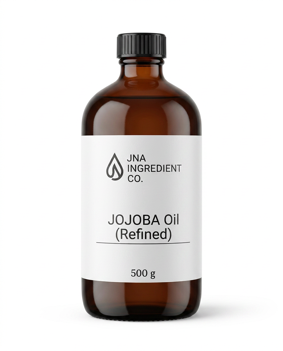An amber glass bottle of JNA Ingredient Co. Jojoba Oil (Refined) with a white label and a black cap, set against a plain white background.