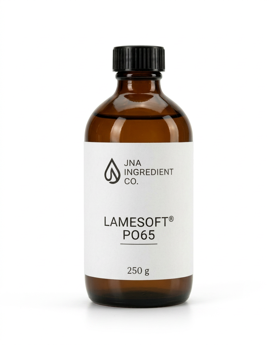 An amber glass bottle with a black ribbed cap and a white label reading 'JNA INGREDIENT CO.' and 'LAMESOFT P065 250 g', photographed on a clean white background.