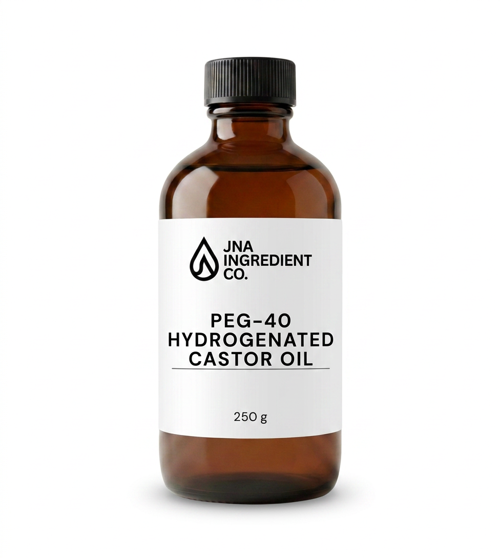 An amber glass bottle of JNA Ingredient Co. PEG-40 Hydrogenated Castor Oil, 250g, showcased in luxury minimalist bottle for emulsifying, dispersing, and stabilising water‑based skincare formulations