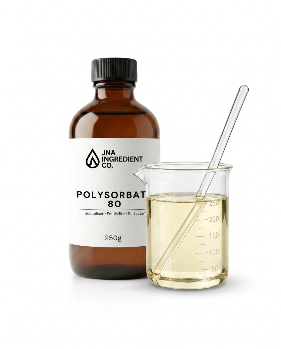 Cosmetic‑grade Polysorbate 80 photographed in editorial, ingredient‑focused composition for high‑performance emulsification in skincare