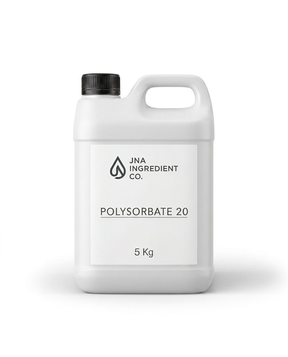 A 5 kg white plastic jerrycan of JNA Ingredient Co. Polysorbate 20, featuring a black ribbed cap and a clean white label, dispersing essential oils, fragrances, and actives in cosmetic applications
