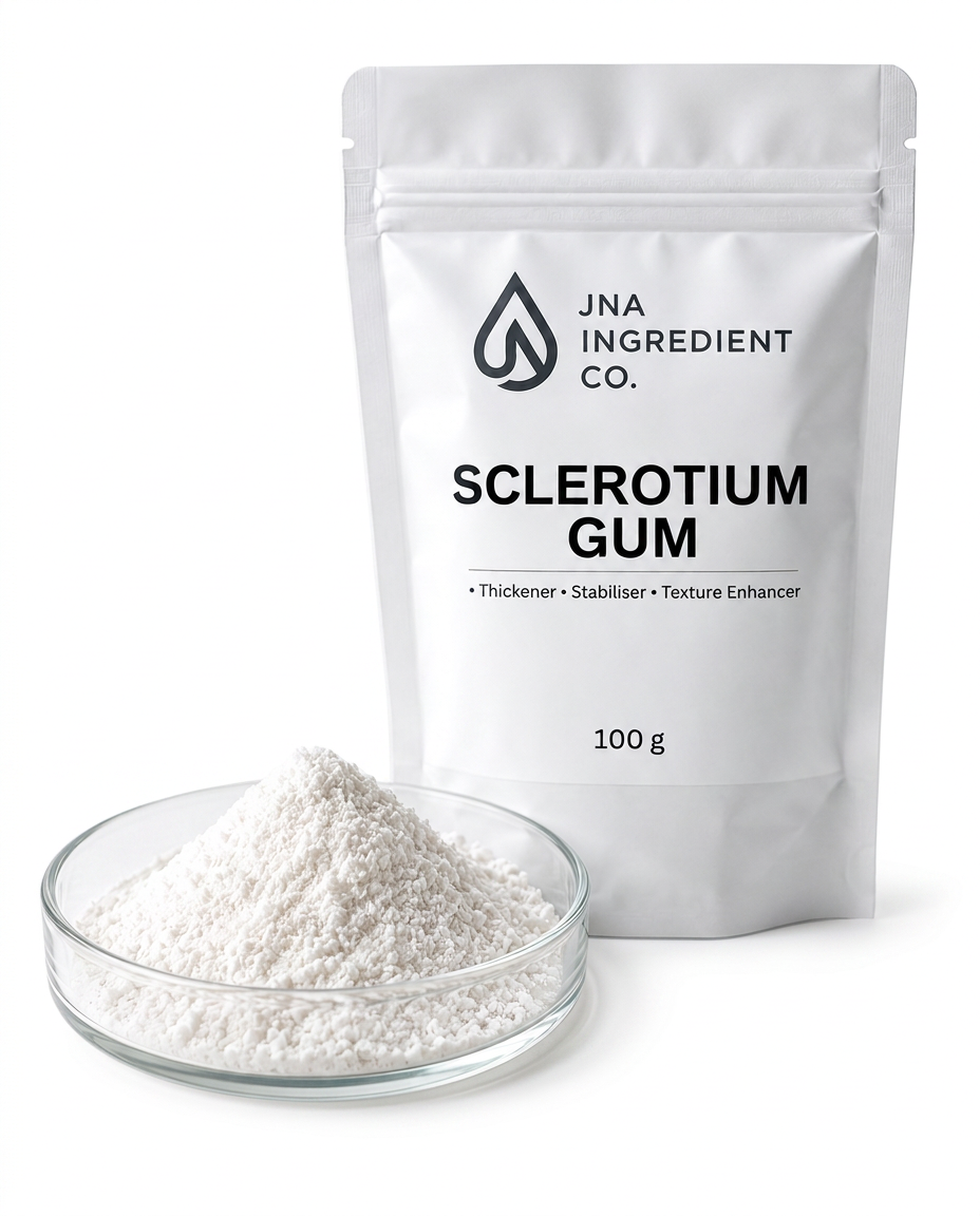High‑performance Sclerotium Gum photographed in premium supplier‑grade aesthetic for natural gelling, stabilising, and texture‑enhancing skincare applications