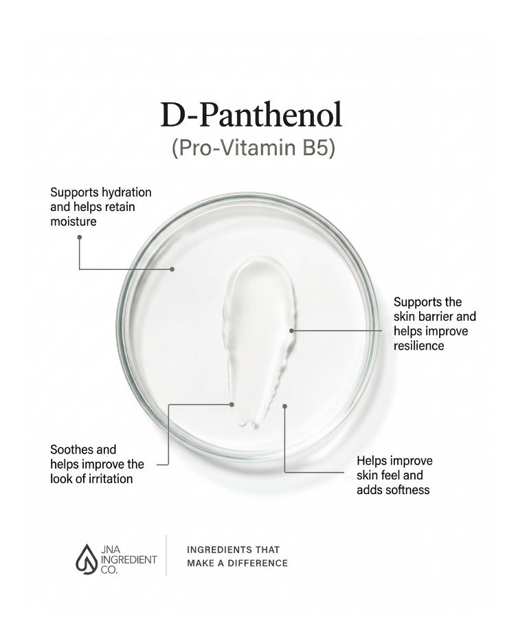 D-Panthenol (Pro-Vitamin B5) skincare ingredient infographic showing hydration, barrier support, soothing benefits, and formulation uses.