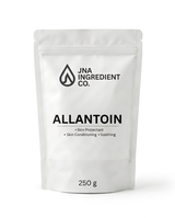 A white stand-up pouch of JNA Ingredient Co. Allantoin, 250 g, on a clean white background to highlight purity, skin‑comforting performance, and barrier‑repair support