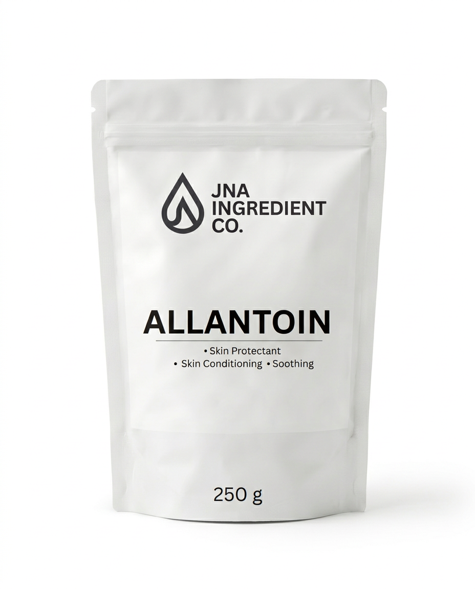 A white stand-up pouch of JNA Ingredient Co. Allantoin, 250 g, on a clean white background to highlight purity, skin‑comforting performance, and barrier‑repair support