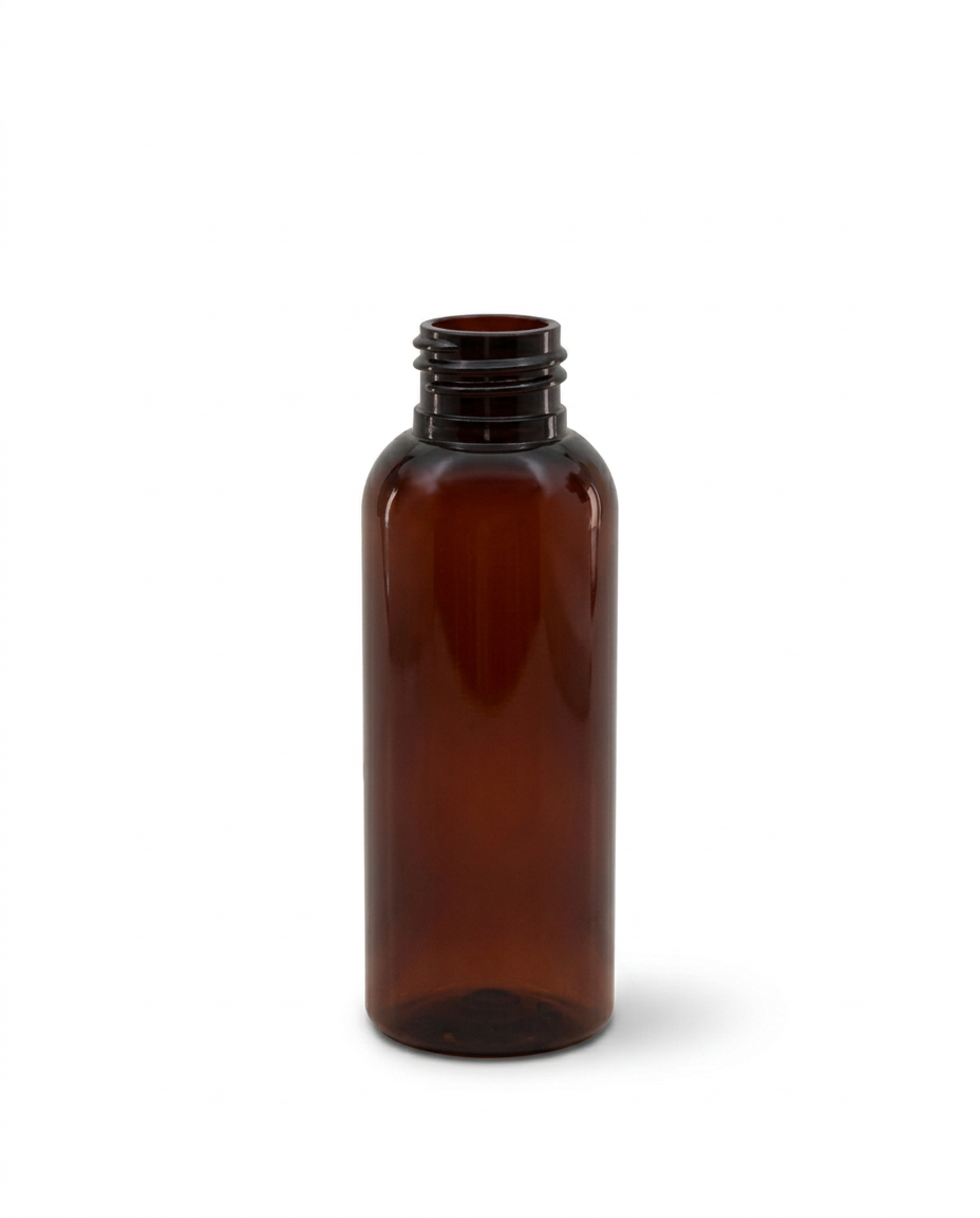 An empty amber Boston PET bottle with a 24/410 threaded neck, shown on a clean white background.