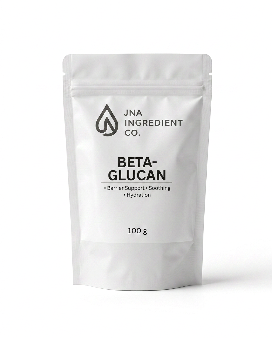 JNA Ingredient Co. Oat Beta Glucan cosmetic‑grade active in minimalist packaging for soothing, hydrating, and barrier‑repair skincare formulations