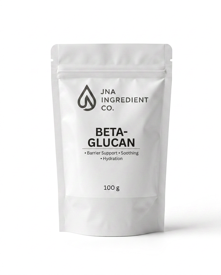JNA Ingredient Co. Oat Beta Glucan cosmetic‑grade active in minimalist packaging for soothing, hydrating, and barrier‑repair skincare formulations