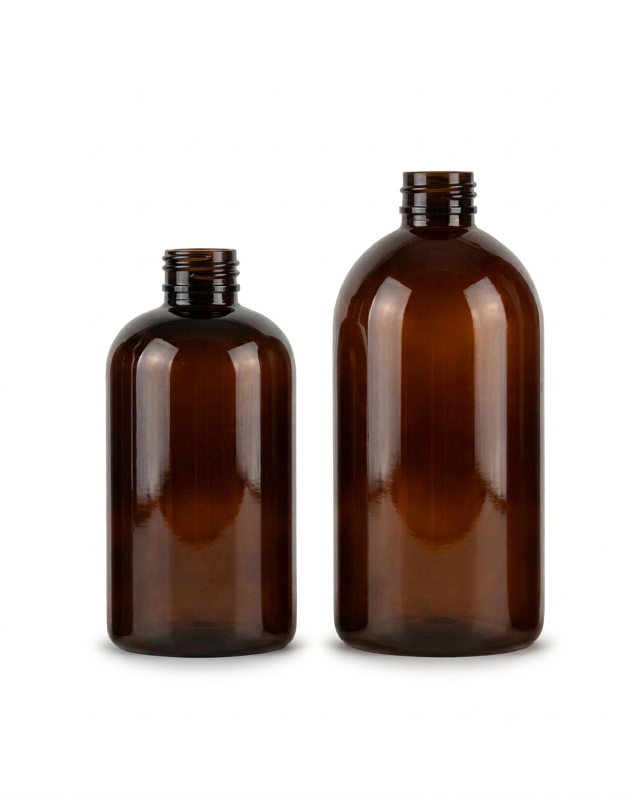 Amber PET Boston Bottles - Short