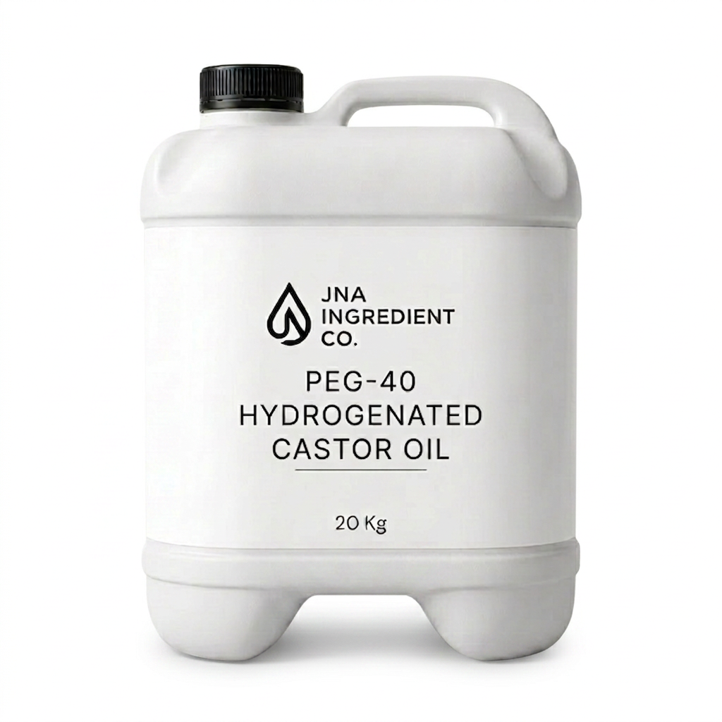 20Kg Bulk white container of formulator‑ready PEG‑40 Hydrogenated Castor Oil showcased in minimalist supplier aesthetic for dispersing oils, vitamins, and botanical extracts into water‑based systems