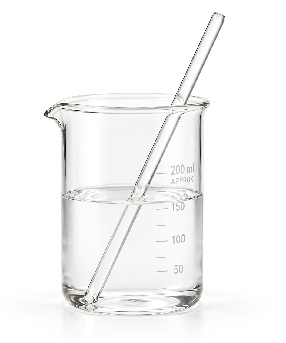 Clear glass beaker containing cosmetic‑grade D‑Panthenol photographed in editorial, ingredient‑focused composition for high‑performance hydration and barrier reinforcement