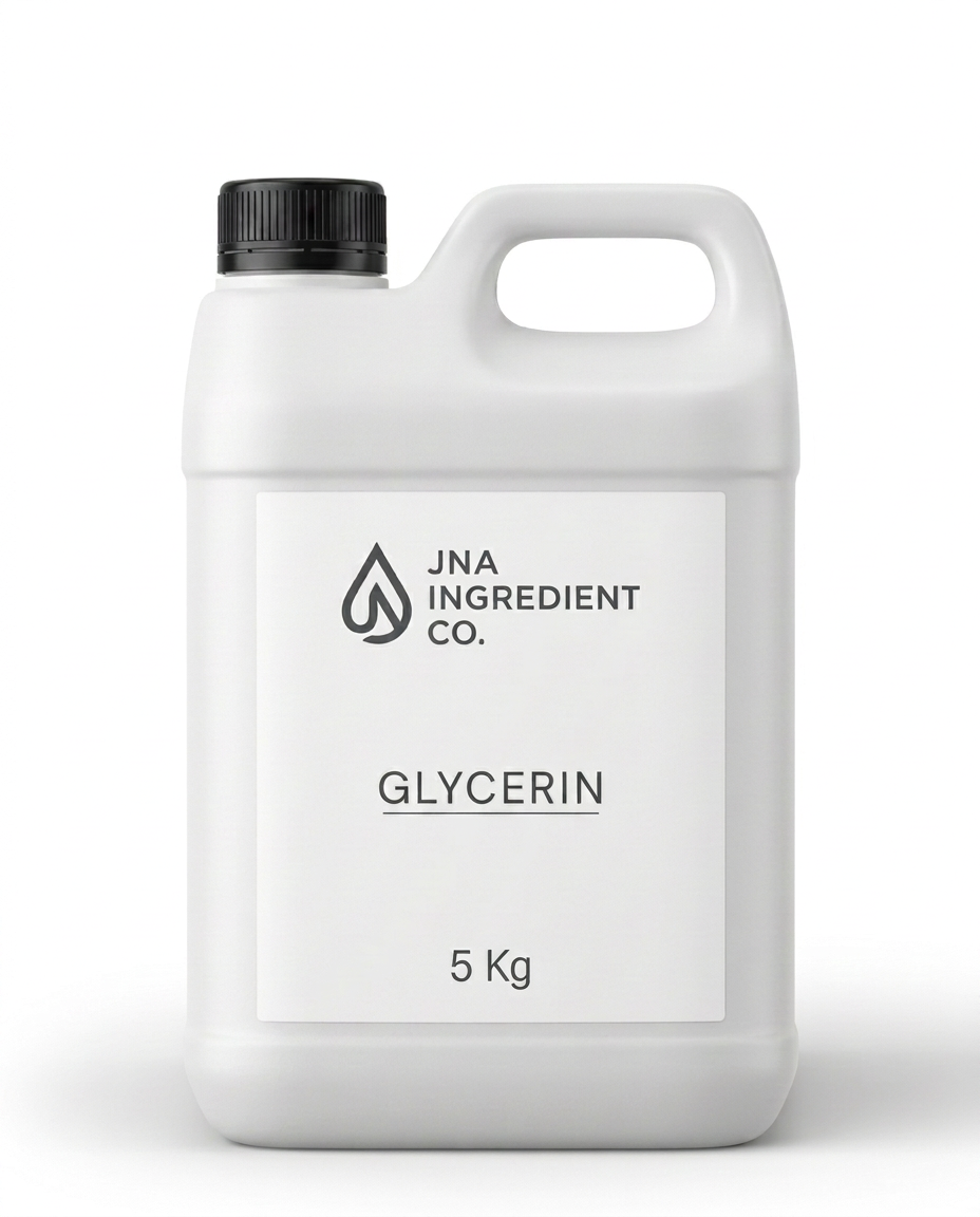 A 5 kg white plastic jug of Glycerin with a black cap and a white label from JNA Ingredient Co., shown on a clean white background.
