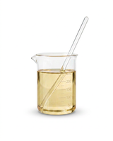 A clear glass beaker filled with a pale yellow liquid depicting high oleic sunflower oil, with a glass stirring rod inside, photographed on a clean white background.