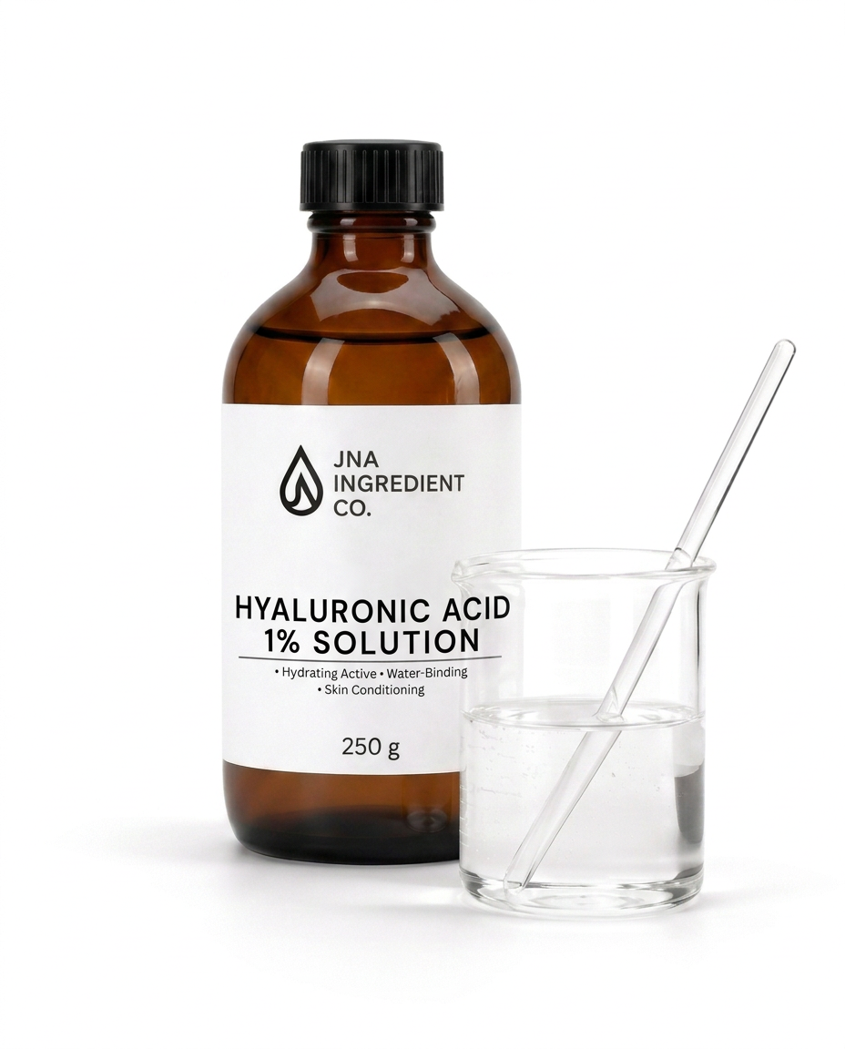 JNA Ingredient Co. Hyaluronic Acid 1% Solution showcased in luxury minimalist bottle for hydration, skin‑softening, and moisture‑locking formulations