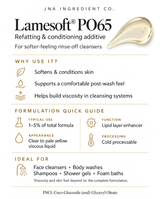 An informational product graphic for JNA Ingredient Co. Lamesoft PO65, a refatting and conditioning additive.