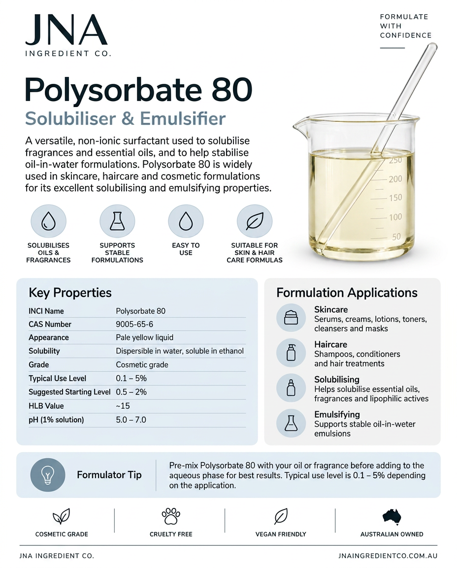 An infographic poster for JNA Ingredient Co. Polysorbate 80, detailing its key properties, formulation applications, and a usage tip with a visual of the liquid mixing in a beaker.