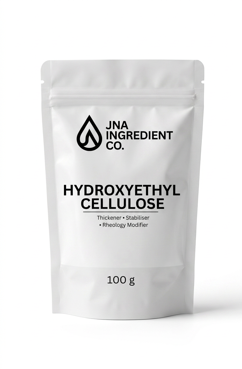 JNA Ingredient Co. HEC cosmetic thickener presented in clean, editorial packaging for clear gel systems, surfactant compatibility, and stable pH‑flexible formulations 