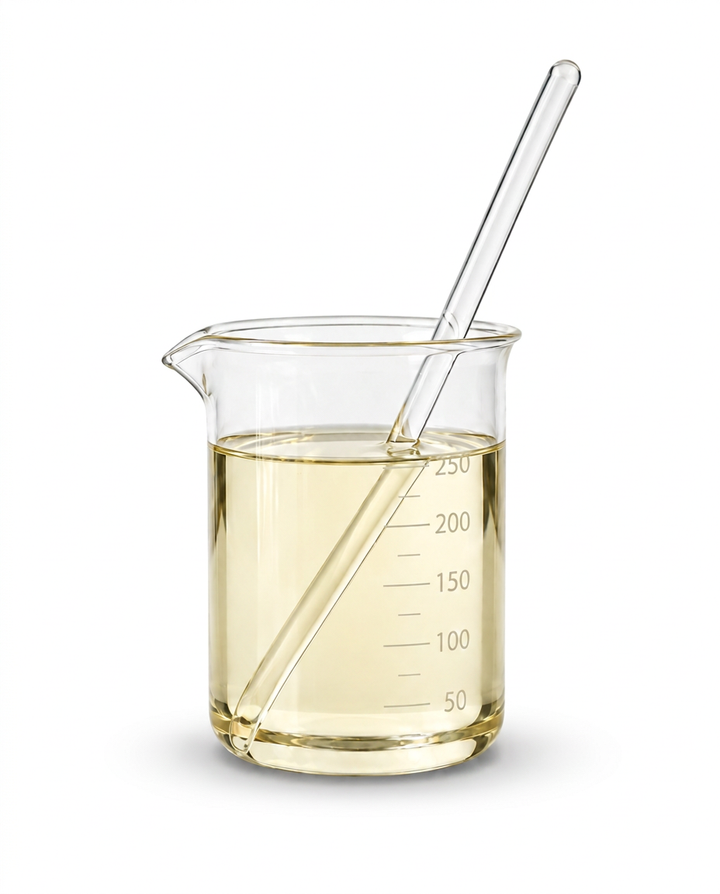 A clear glass beaker filled with pale yellow liquid of Polysorbate 80, shown on a white background with a clear glass stirring rod inserted inside.