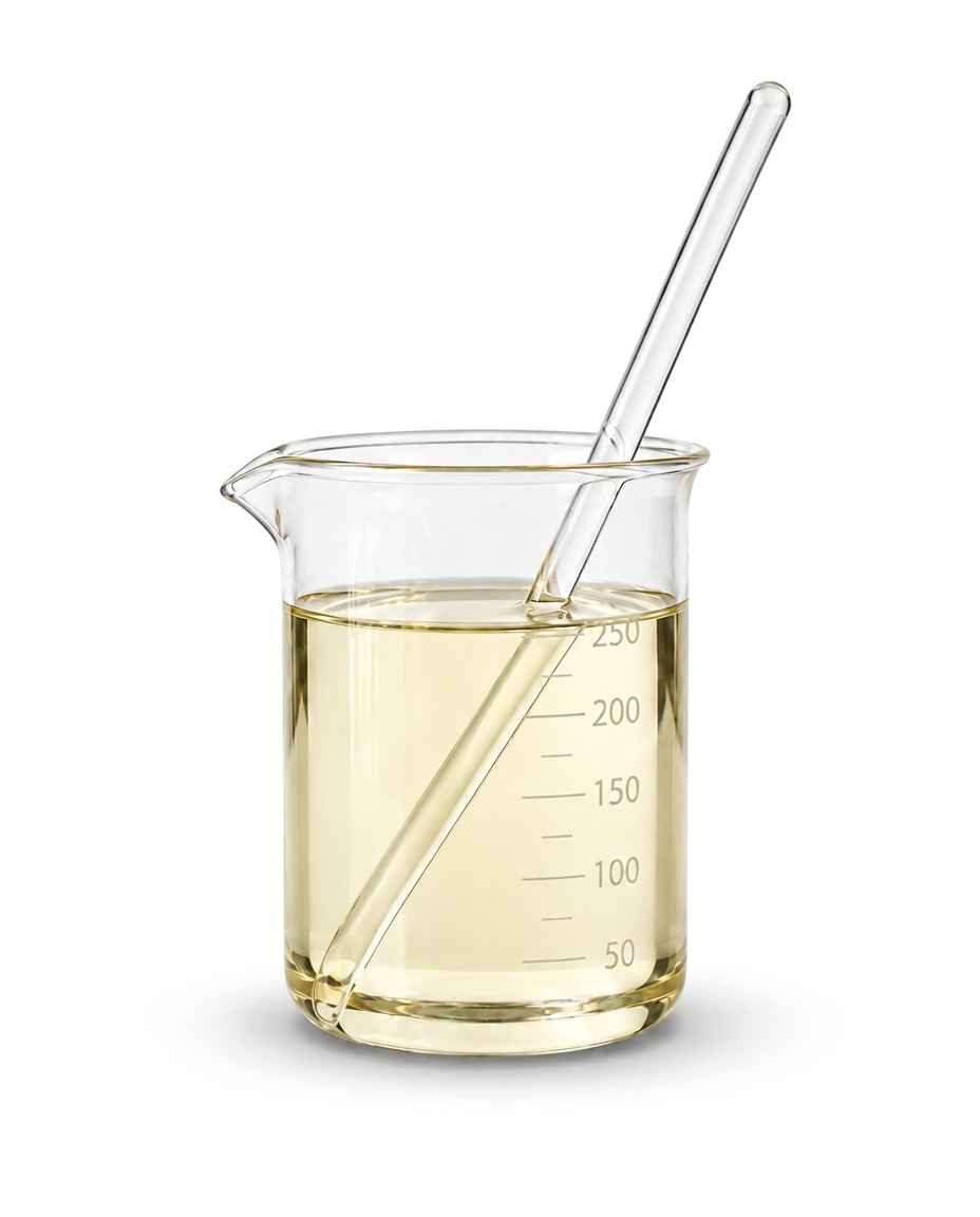 A clear glass beaker filled with pale yellow liquid of Polysorbate 80, shown on a white background with a clear glass stirring rod inserted inside.