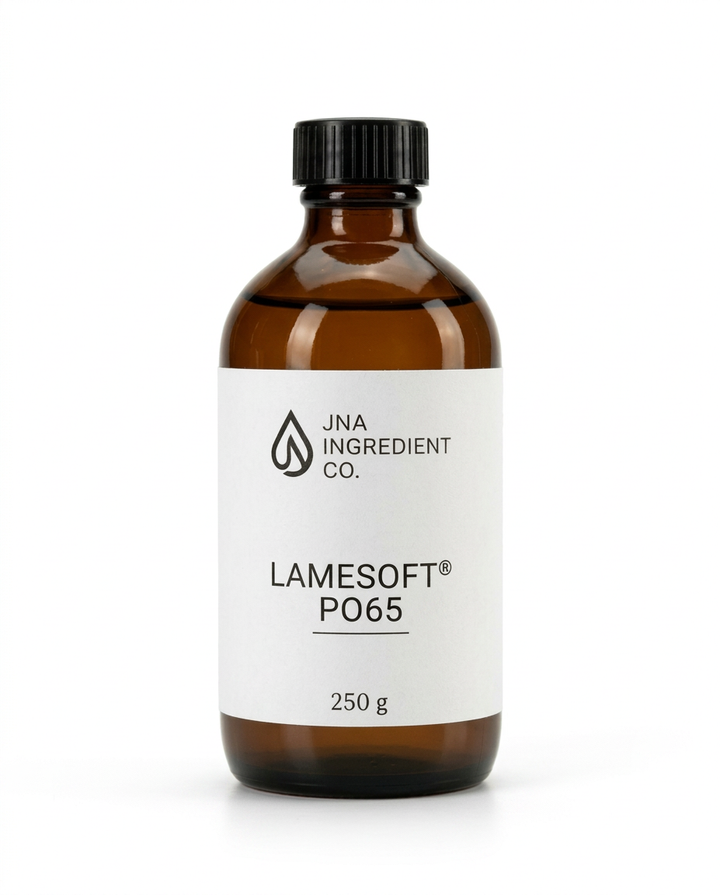 An amber glass bottle with a black ribbed cap and a white label reading 'JNA INGREDIENT CO.' and 'LAMESOFT P065 250 g', photographed on a clean white background.