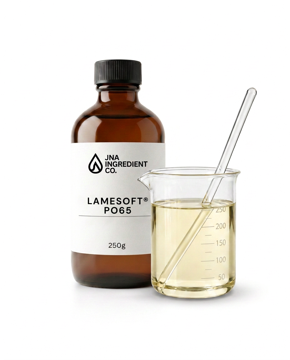 An amber glass bottle labeled JNA Ingredient Co. Lamesoft PO65 in glass beaker on white background.  Lamesoft PO65 ingredient used as a mild surfactant in sensitive‑skin formulations.