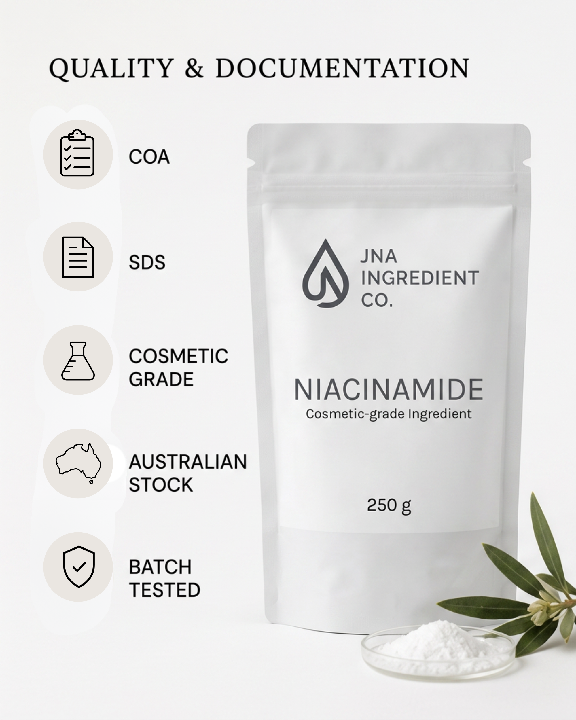 Premium Niacinamide powder from JNA Ingredient Co., used for barrier repair, hydration, and complexion‑evening skincare products