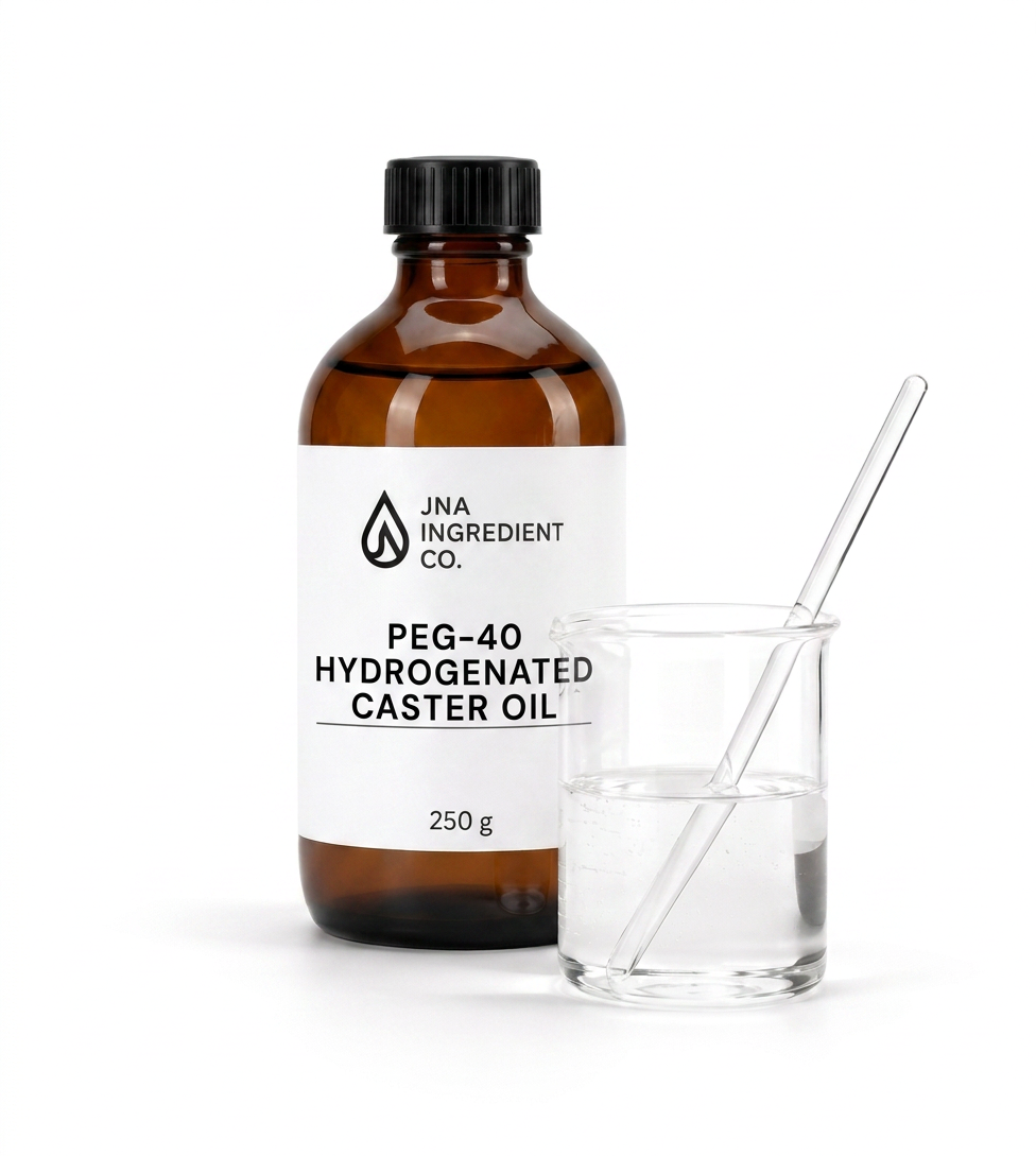 JNA Ingredient Co. PEG‑40 Hydrogenated Castor Oil showcased in luxury minimalist bottle for emulsifying, dispersing, and stabilising water‑based skincare formulations