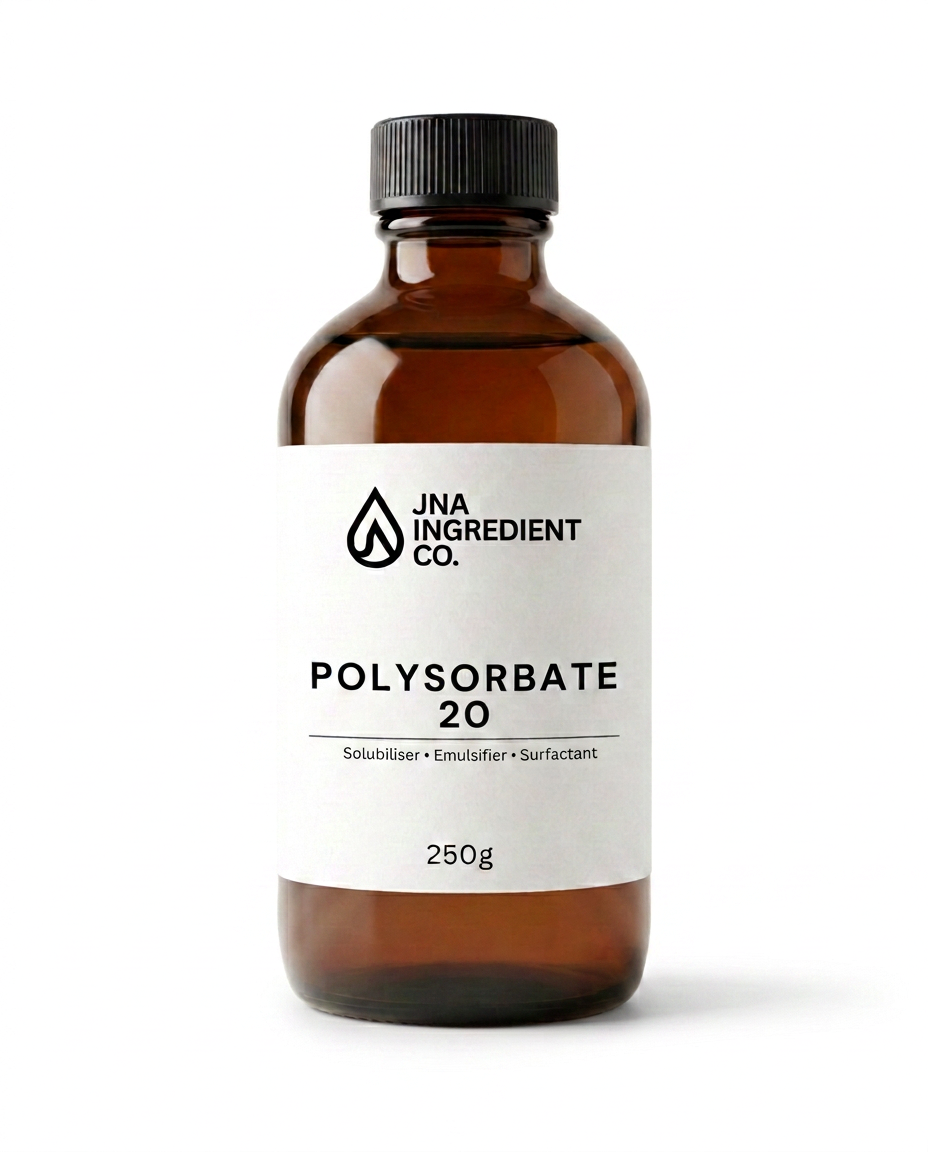JNA Ingredient Co. Polysorbate 20 showcased in luxury minimalist bottle for emulsifying, dispersing, and stabilising cosmetic formulations