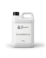A 5 kg white plastic jerrycan of JNA Ingredient Co. Polysorbate 20, featuring a black ribbed cap and a clean white label, dispersing essential oils, fragrances, and actives in cosmetic applications
