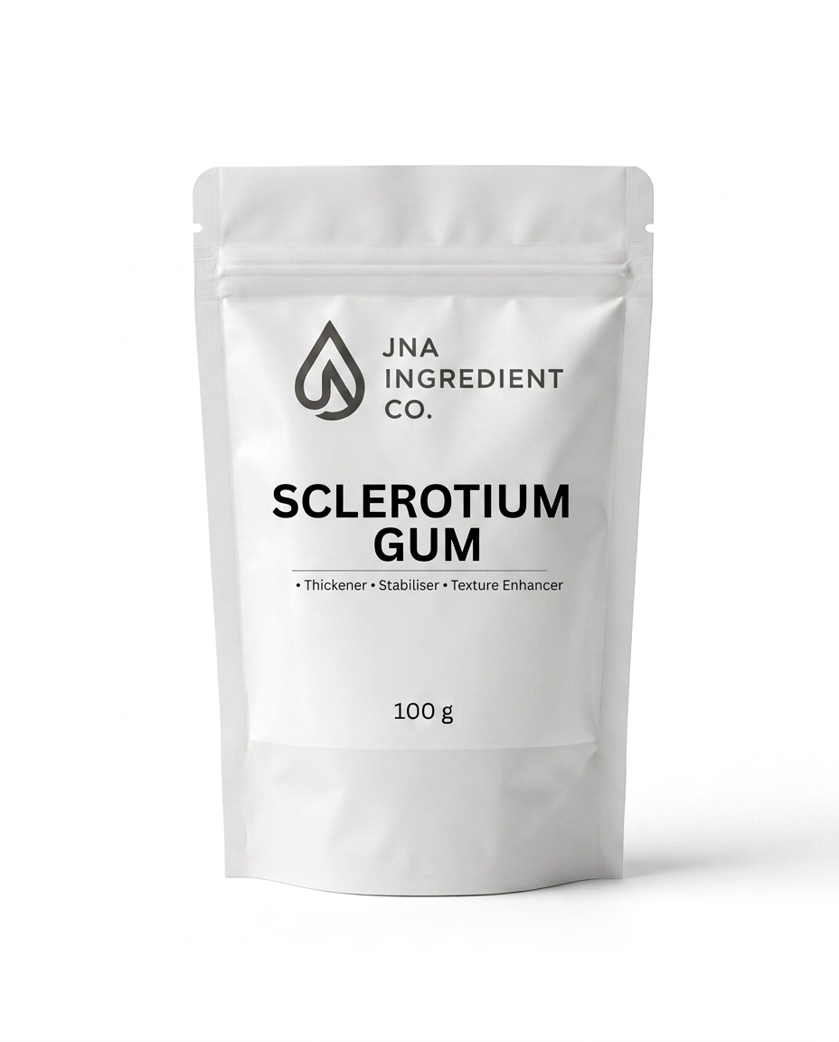 JNA Ingredient Co. Sclerotium Gum cosmetic‑grade natural thickener in minimalist packaging for gel creation and texture enhancement in skincare formulations