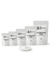 Five white stand-up pouches of JNA Ingredient Co. Sclerotium Gum in sizes 20g, 50g, 110g, 250g, and 500g, arranged in ascending order with a small open dish of white powder in front, on a clean white background. Formulator‑ready Sclerotium Gum for natural viscosity building and improved product stability
