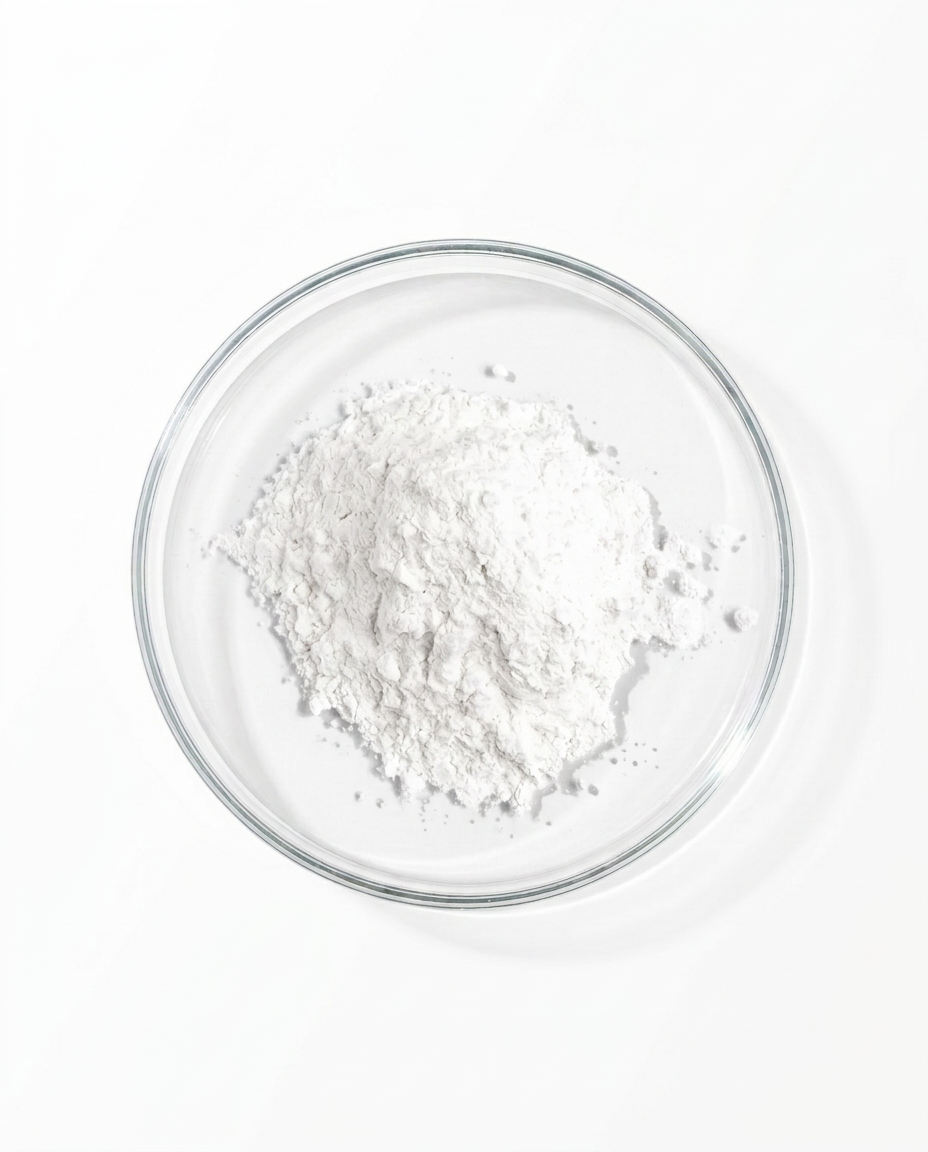 A mound of sclerotium gum white powder sits in the center of a clear glass petri dish to highlight its premium natural thickener showing purity, stabilising ability, and smooth texture creation