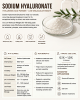 Infographic on Sodium Hyaluronate -  Hyaluronic Acid Powder - Laboratory-grade ingredient used in cosmetic and personal care formulation