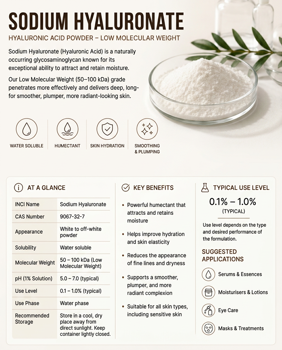 Infographic on Sodium Hyaluronate -  Hyaluronic Acid Powder - Laboratory-grade ingredient used in cosmetic and personal care formulation